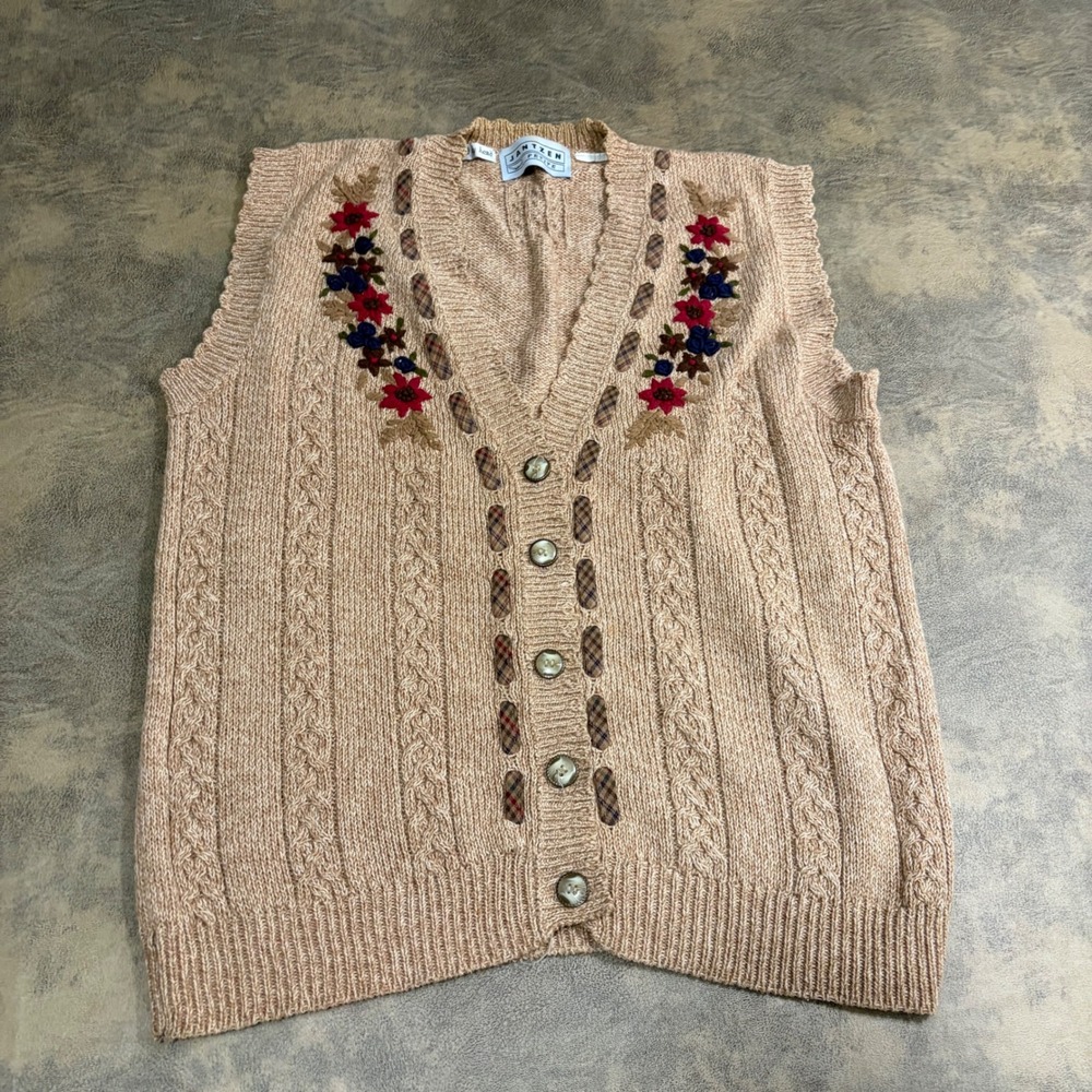 Jantzen Sweater Vest Womens M Petite Tan Floral Embroidered Fall Autumn Cardigan